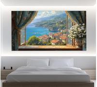 Quadro a olio di un villaggio panoramico con vista dalla finestra aperta, stampa su tela, poster, arte murale italiana, quadri costieri, arredamento per camera da letto (30x60 cm/cornice interna)