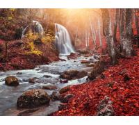 Quadro acrilico 100 x 80 cm: cascata paesaggio colorato con bella cascata sul fiume montagna nella foresta con fogliame rosso al tramonto autunnale (71931878)