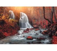 Quadro acrilico 140 x 90 cm: cascata paesaggio colorato con bella cascata sul fiume montagna nella foresta con fogliame rosso al tramonto autunnale (71883284)