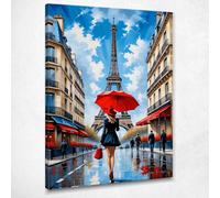 Quadro città su tela, arte astratta, decorazione parete soggiorno moderno, Donna Chic con Ombrello Rosso tra le Vie di Parigi e Vista sulla Tour Eiffel , su tela pronto da appendere ct36 - 50x70 cm