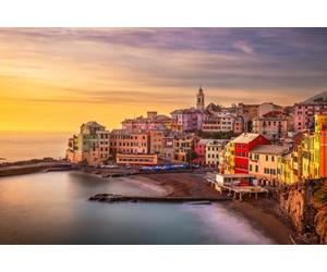 Quadro composito in alluminio 90 x 60 cm: Maa Beach a Bogliasco, Genova, Italia skyline sul Mar Mediterraneo al tramonto. (191097110)