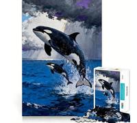 Quadro con orche che saltano fuori dall'oceano, puzzle da 1000 pezzi per adulti, gioco stimolante per la mente, per giocare in casa, opera d'arte di precisione (38x26cm)