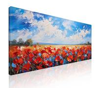 Quadro cucina moderna, quadro lungo xxl, quadro natura, Campo di Papaveri Rossi sotto un Cielo Blu Luminoso, su tela, intelaiato pronto da appendere bow10-150x70 cm