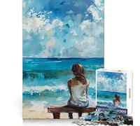 Quadro da 1000 pezzi con donna seduta su una panchina che guarda l'oceano, ideale per adolescenti Sviluppa le capacità analitiche, è un'attività rilassante e un regalo di Natale (38x52cm)