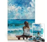 Quadro da 1000 pezzi con donna seduta su una panchina che guarda l'oceano,ideale per ragazzi Gioco di abilità mentale,taglio laser per un incastro perfetto,rilassante attività di gruppo al chiuso