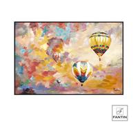 Quadro da parete, quadro con cornice MONGOLFIERE AL TRAMONTO 120x80x1,6 cm orizzontale pannello in legno disegnato su tela a mano multicolor