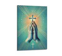 Quadro decorativo da parete su tela con disegno a linee di Christ, mani in preghiera e croce, decorazione moderna per la camera da letto, 40 x 60 cm