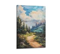 Quadro decorativo da parete su tela con sentiero panoramico attraverso la foresta verso maestose montagne sotto un cielo da sogno, decorazione moderna per la camera da letto, 20 x 30 cm
