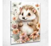 Quadro Decorativo Per Nursery E Cameretta, Riccio Carino Circondato Da Fiori , b