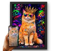 Quadro gatto corona e occhiali graffiti fluo personalizzato - Cameretta | Corona dorata incastonata di pietre, occhiali dalle lenti iridescenti, schizzi accesi sul nero