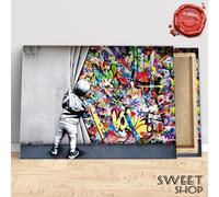 QUADRO GRAFFITI BANSKY OLTRE LA TENDA ALTA' QUALITA' POP ART ARREDO ARTE FIN AR