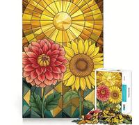 Quadro in vetro colorato con girasole e dalia, puzzle da 1000 pezzi per adulti, gioco di logica, ideale per il gioco di gruppo, con bordi trasparenti, regalo perfetto 50x75cm