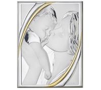Quadro maternità in Argento PVD e Retro in Legno, Sacro Capezzale Capoletto Madonna con Bambino 18,5x24,5 cm