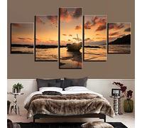Quadro Moderno 5 Pezzi Sunset Boat Quadro su Tela Canvas Quadri Moderni per Soggiorno Camera da Letto Cucina Decorazione da Parete, 200x100cm Senza Telaio