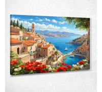 Quadro Moderno Città Astratto Vista Sulla Costa Mediterranea Con Vele E Fiori C