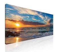 Quadro moderno mare XXL, quadro decorazione parete soggiorno Tramonto sulla Spiaggia con Onde e Cielo Colorato stampa su tela, intelaiato pronto da appendere seal10-150x60 cm