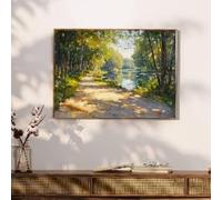 Quadro moderno minimalista raffigurante un sentiero lungo il fiume e una foresta illuminata dal sole, perfetto per decorare le pareti di soggiorno, camera da letto e cucina (30x40 cm/senza cornice).