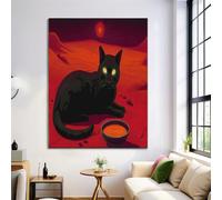 Quadro Moderno Soggiorno 60X80Cm Decorazioni Da Parete Quadri Su Tela Da Salotto Foto Senza Cornice Stampe Su Tela Camera Letto - Gatto Nero Misterioso - Paesaggio Fantasy - Rosso Intenso