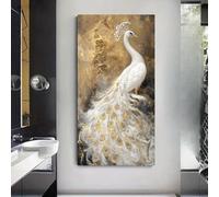 Quadro moderno su tela con pavone bianco, dipinto verticale di uccello per un elegante arredamento del soggiorno (90x180 cm/Senza cornice)