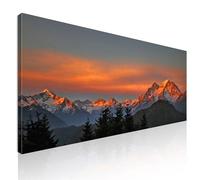 Quadro montagna al tramonto, pineta, quadro moderno soggiorno xxl, montagne, Tramonto infuocato sulle cime delle montagne innevate mow8-120x50 cm