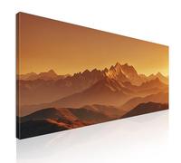 Quadro montagna xxl, illuminata da sorgere del sole, quadro montagna neve, quadro moderno soggiorno, Tramonto dorato che proietta ombre sulle creste delle montagne mow12-150x60 cm