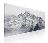 Quadro montagne bianco e nero, quadro soggiorno, grande, paesaggio montagne, decorazione da parete, Cime nebbiose innevate in inverno mow19-120x50 cm