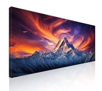 Quadro montagne, cime, vette, al tramonto, cielo rosso, arancio, blu, quadro xxl, quadro moderno soggiorno, Maestosa montagna innevata al tramonto mow15-100x40 cm