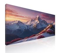 Quadro montagne innevate al tramonto rosa e blu, quadro soggiorno, grande, paesaggio montagne, decorazione da parete, Tramonto sulle montagne innevate con fiori rosa mow36-100x40 cm
