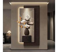 Quadro Murale 3D LED in Arenaria con Base in Legno e Cachi Artificiale | Scultura Murale Illuminata con Luce LED Calda per Ingresso Soggiorno Camera Corridoio e Ufficio(A,80x160cm/31.5x63.0in)