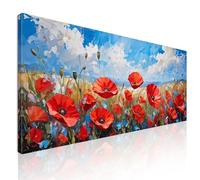 Quadro natura grande, quadri astratti moderni per soggiorno, Campo di Papaveri Rossi sotto un Cielo Estivo, su tela, intelaiato pronto da appendere bow11-130x60 cm