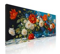 Quadro natura morta xxl, quadro vegetazione, Composizione di Fiori Vivaci in Vasi di Vetro Blu, su tela, intelaiato pronto da appendere bow13-150x70 cm