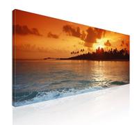 Quadro paesaggio colorato XXL mare, quadro grande soggiorno Tramonto Tropicale su Spiaggia con Palme stampa su tela, intelaiato pronto da appendere seal4-150x60 cm