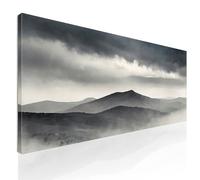 Quadro paesaggio grande, quadro moderno soggiorno orizzontale, Paesaggio Montuoso Nebbioso con Colline Grigie e Cielo Scuro intelaiato pronto da appendere abl31-130x60 cm