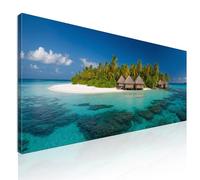 Quadro paesaggio moderno mare, quadro XXL mare Isola Tropicale con Bungalow su Acqua Turchese stampa su tela, intelaiato pronto da appendere seal21-150x60 cm