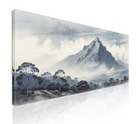 Quadro paesaggio xxl,quadro moderno soggiorno orizzontale, Paesaggio Montuoso con Vetta Innevata e Alberi intelaiato pronto da appendere abl29-130x60 cm