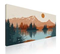 Quadro paesaggio xxl, stile boho chic, quadro floreale, bohemien, Montagne Riflesse nel Lago al Tramonto stampa su tela pronto da appendere bol34-150x70 cm