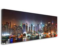 Quadro Panorama New York by Night - Stampa fotografica Città su tela, decorazione da parete, paesaggio, decorazione per casa, cucina, soggiorno, camera da letto, adulto, multicolore, 150 x 60 cm