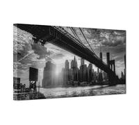 QUADRO PANORAMICO SU TELA CANVAS - INTELAIATO - PRONTO DA APPENDERE - New York City Brooklyn Ponte - Manhattan - Fiume Hudson - 30x70cm - Senza Cornice - (cod.1819)