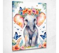 Quadro Per Nursery, Decorazione Bimba, Cucciolo Di Elefante Con Fiori E Farfalle