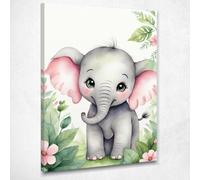Quadro Per Nursery, Decorazione Per Bambino, Elefantino Con Orecchie Rosa E Fior