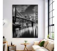 Quadro Ponte Di New York Camera Da Letto Bianco E Nero Paesaggio Urbano Moderno Quadri Soggiorno Da Parete Stampa Su Tela Canvas Decorazione Murale Muro Arredo Salone, 50X70Cm, Senza Cornice