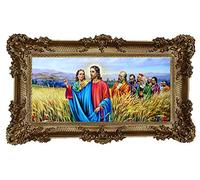 Quadro Sacra Gesù con i suoi giovani nel campo del grano, con icone di sacrale, 96 x 57 cm, Repro Barocco anticato, dipinto incorniciato con decorazioni montate nel telaio, Repro (oro)