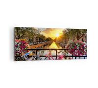 Quadro su Tela 100x40cm Biciclette Canale Amsterdam l'architettura Stampe Murale