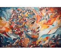 Quadro su tela 110 x 70 cm: salute mentale, arte terapia, concetto di psicologia femminile. Profilo femminile coperto con fiori colorati e (203456636)