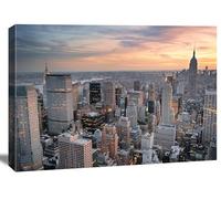 Quadro su tela 120 x 80 cm 5060 - New York Skyline al tramonto - Quadro da parete XXL panorama urbano - Stampa artistica su tela per soggiorno, ufficio, camera da letto - Pronto da appendere