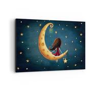Quadri Moderni Soggiorno Bambini ragazza luna Quadro su Tela 120x80cm Stampe da Parete Camera da Letto Cucina 1 pezzo Wall Art Canvas Grandi XXL Decorazione Murale Grafica Immagini AA120x80-4683