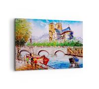 Quadro su Tela 120x80cm Barca fiume ponte disegno Stampe Immagini Quadri Murale