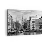 Quadro su Tela 120x80cm In bianco e nero Amsterdam barche Stampe Immagini Murale