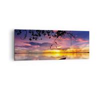 Quadro su Tela 140x50cm Barca tramonto lago cielo Stampe Immagini Quadri Murale