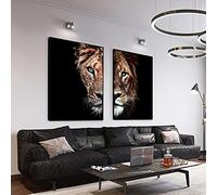 Quadro su Tela 2 Pezzi Set Occhi Verdi Leone Sfondo Nero Poster e Stampe Cuadros Home Decor Wall Art per Soggiorno 60x95cm(24x37in) x2 Cornice Interna
